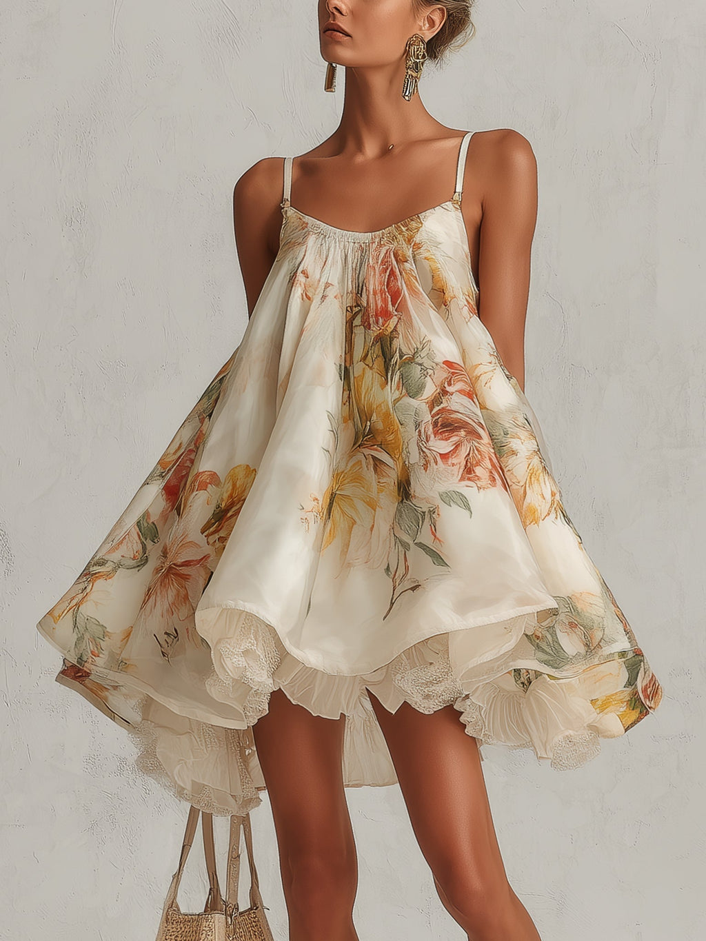 Liliana | Vestido corto corte A en organza beige con bordado floral y ribete de encaje