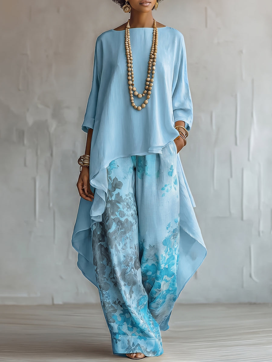 Top Asimétrico y Pantalón de Pierna Ancha con Estampado Floral – Conjunto