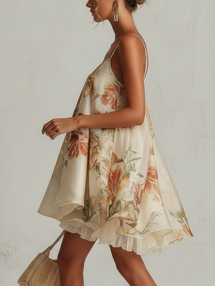 Liliana | Vestido corto corte A en organza beige con bordado floral y ribete de encaje
