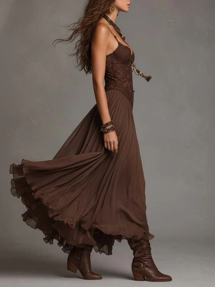 Vestido Maxi de Chiffón Café Oscuro con Detalles de Encaje