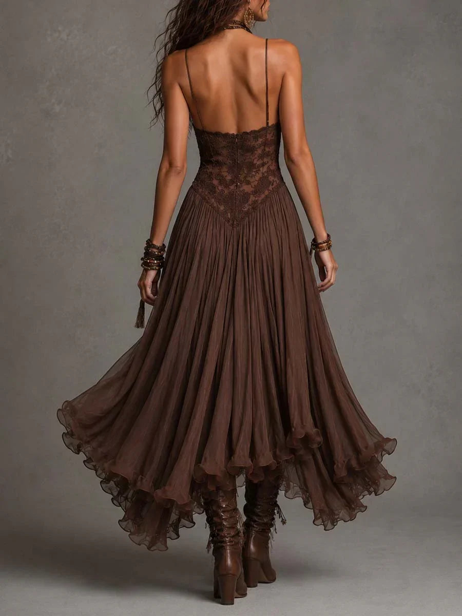 Vestido Maxi de Chiffón Café Oscuro con Detalles de Encaje