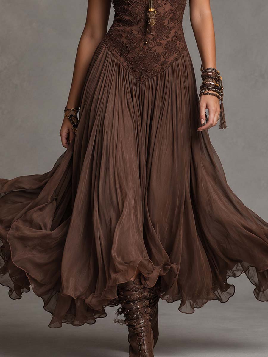 Vestido Maxi de Chiffón Café Oscuro con Detalles de Encaje