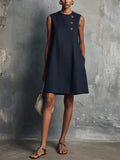 Mini Vestido Azul Oscuro con Escote Redondo, Botonadura Asimétrica y Bolsillo Lateral
