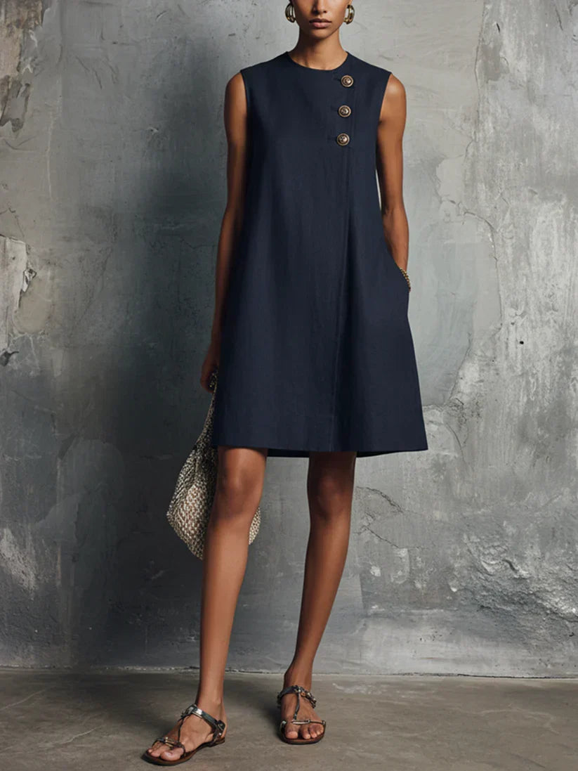 Mini Vestido Azul Oscuro con Escote Redondo, Botonadura Asimétrica y Bolsillo Lateral