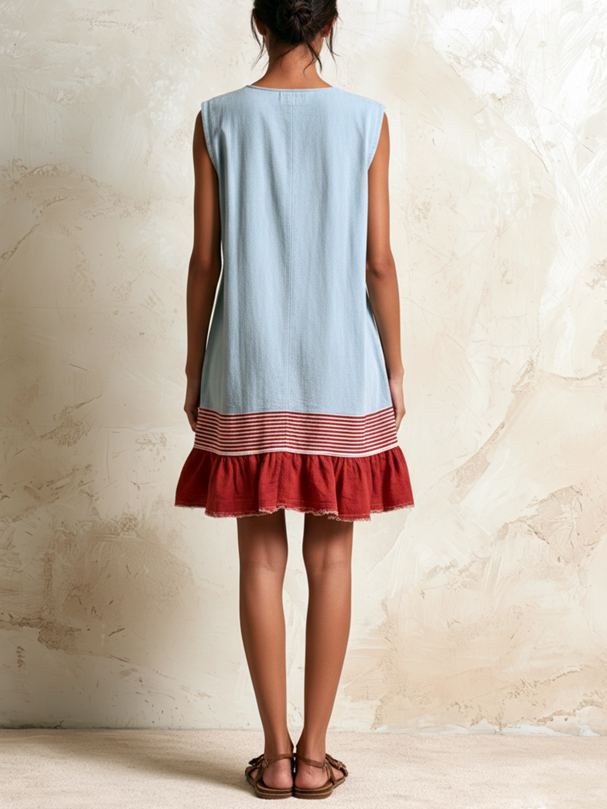 Katia | Vestido tipo túnica azul claro sin mangas con franja roja y dobladillo fruncido