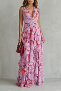 Adriana | Romántico Vestido Largo en Cascada de Rosas con Cuello Halter