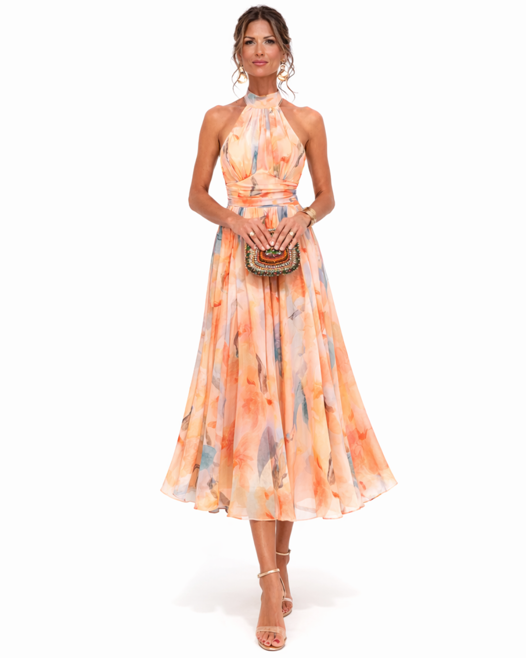 Paulina | Vestido con Cuello Halter y Estampado Acuarela