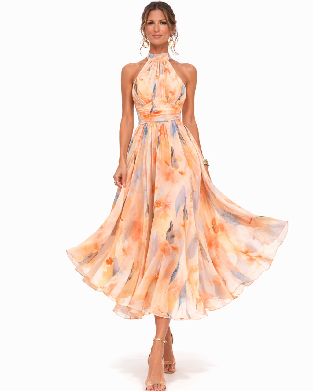 Paulina | Vestido con Cuello Halter y Estampado Acuarela