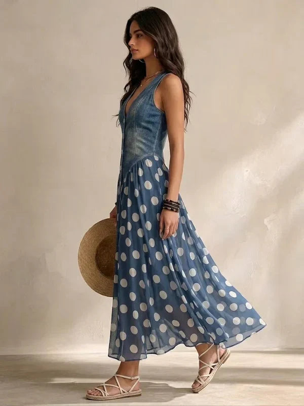 Brenda | Vestido Elegante de Mezclilla con Falda de Chiffón a Lunares