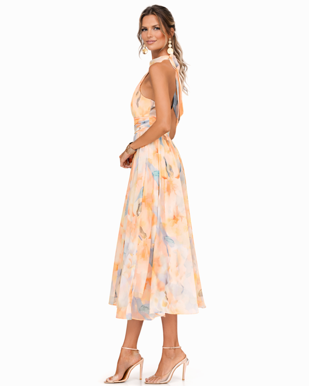 Paulina | Vestido con Cuello Halter y Estampado Acuarela