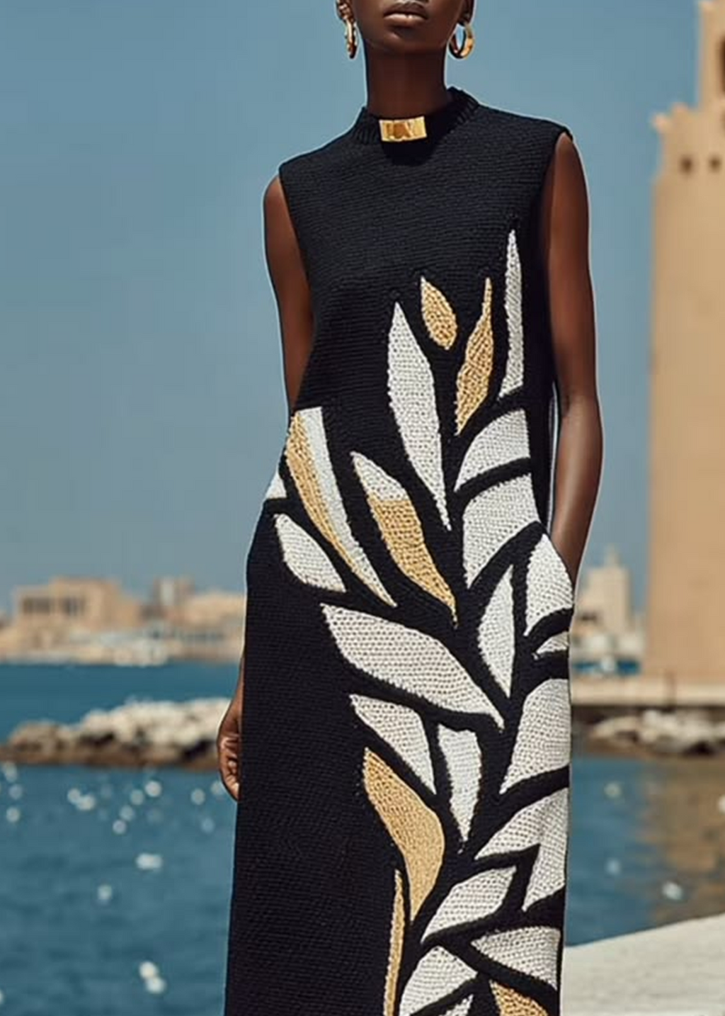 Iris - Vestido Midi Negro Sin Mangas Estampado