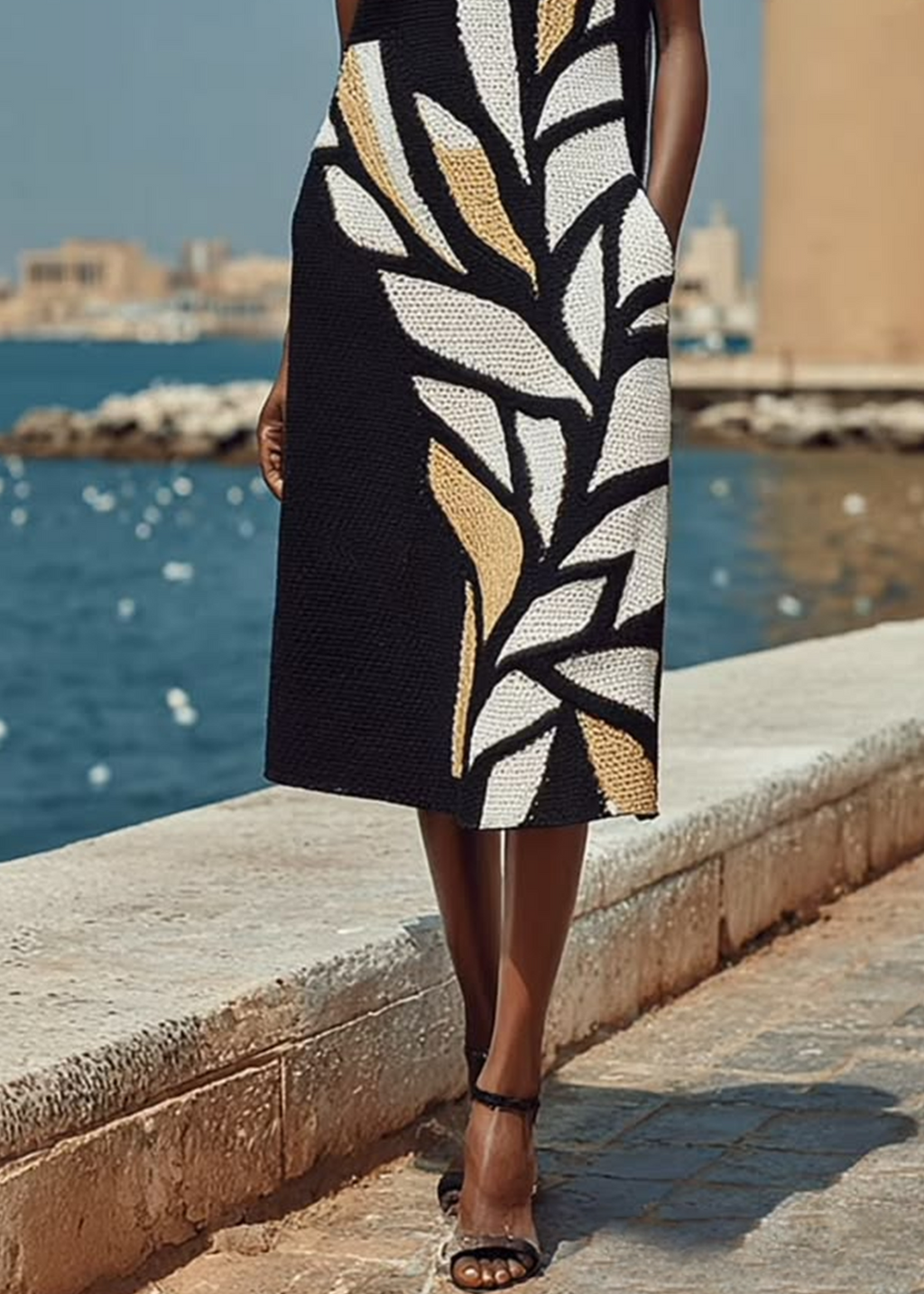 Iris - Vestido Midi Negro Sin Mangas Estampado