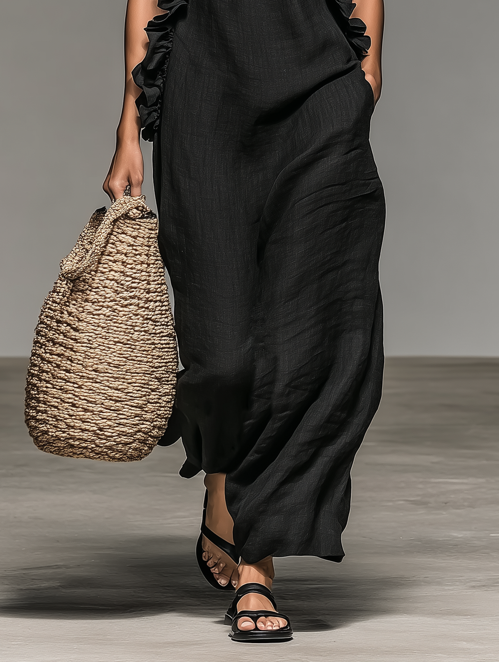 Vestido Maxi sin Mangas de Lino con Detalles de Volantes