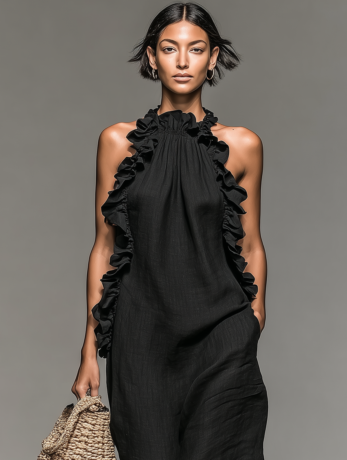 Vestido Maxi sin Mangas de Lino con Detalles de Volantes