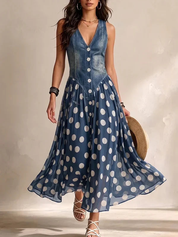 Brenda | Vestido Elegante de Mezclilla con Falda de Chiffón a Lunares