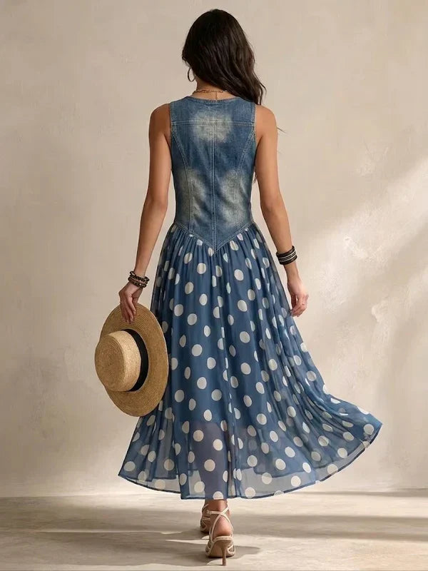 Brenda | Vestido Elegante de Mezclilla con Falda de Chiffón a Lunares