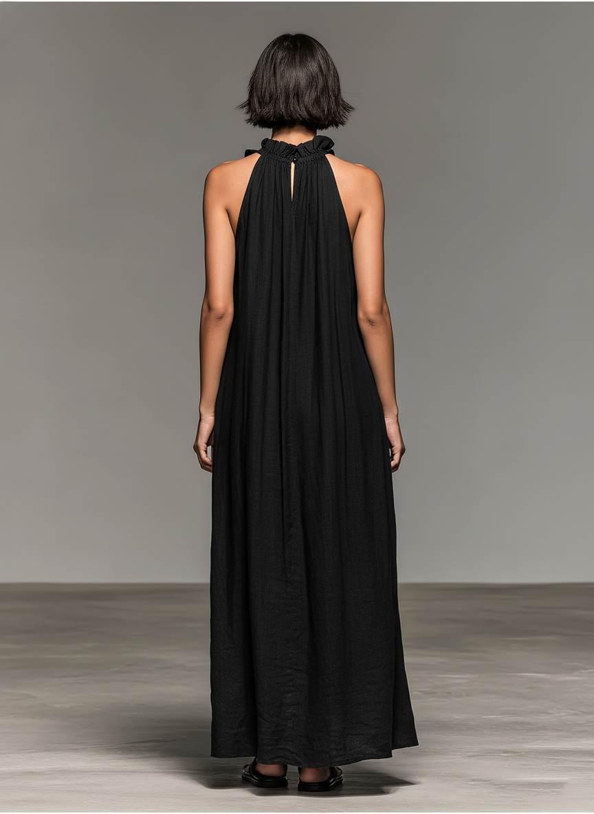 Vestido Maxi sin Mangas de Lino con Detalles de Volantes