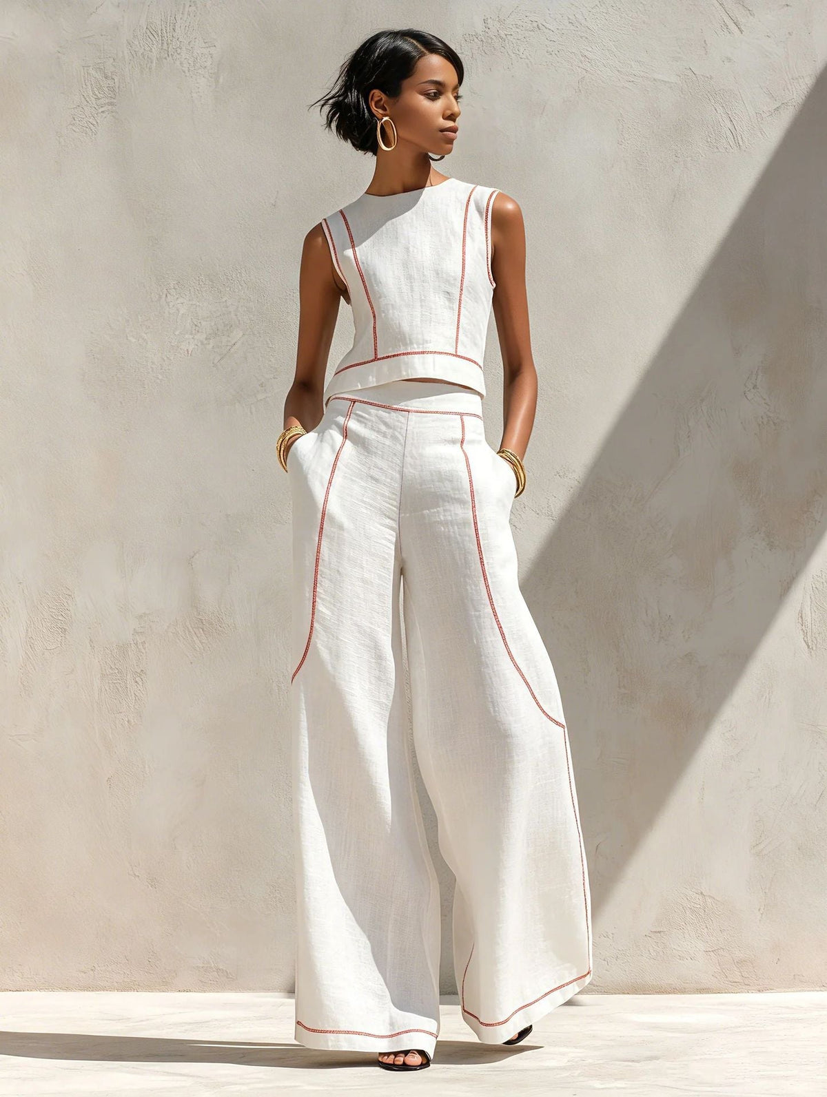 Vittoria | Conjunto de Dos Piezas Blanco con Top sin Mangas y Pantalón de Pierna Ancha