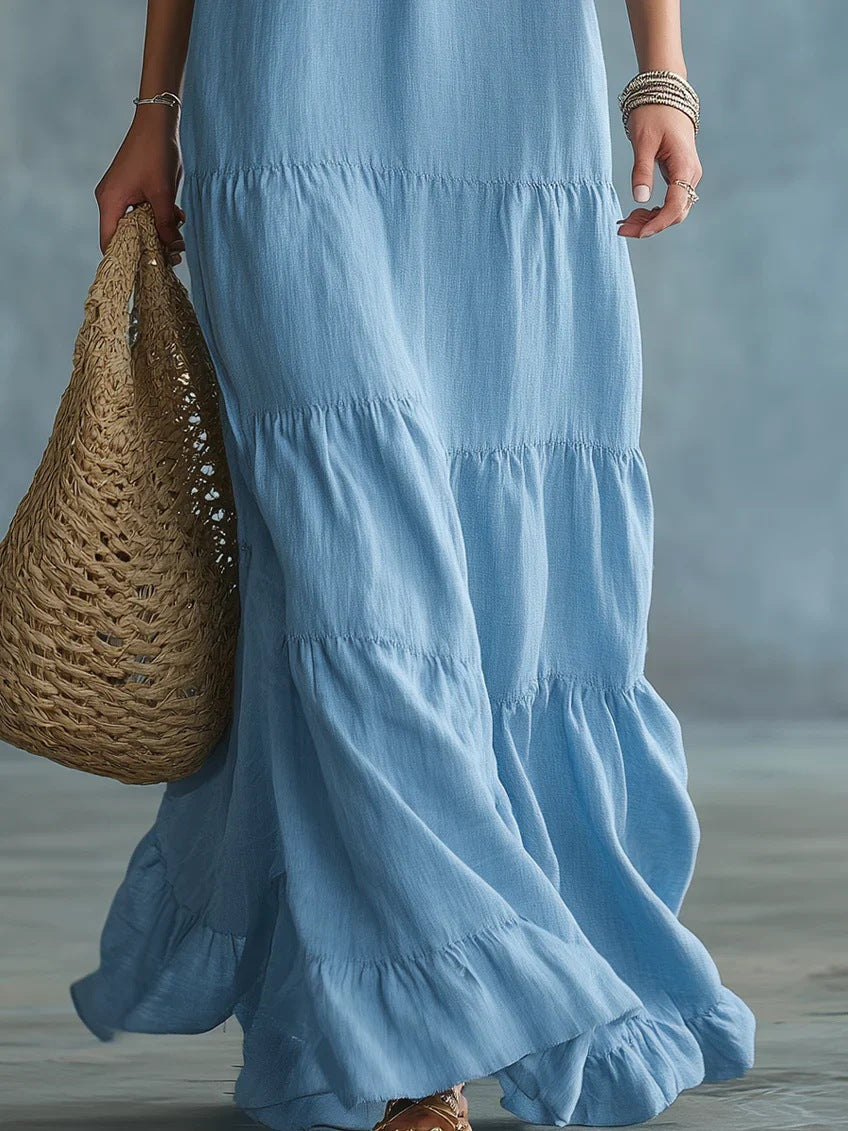 Anita | Vestido Maxi Boho Azul Cielo con Escote en V y Volantes