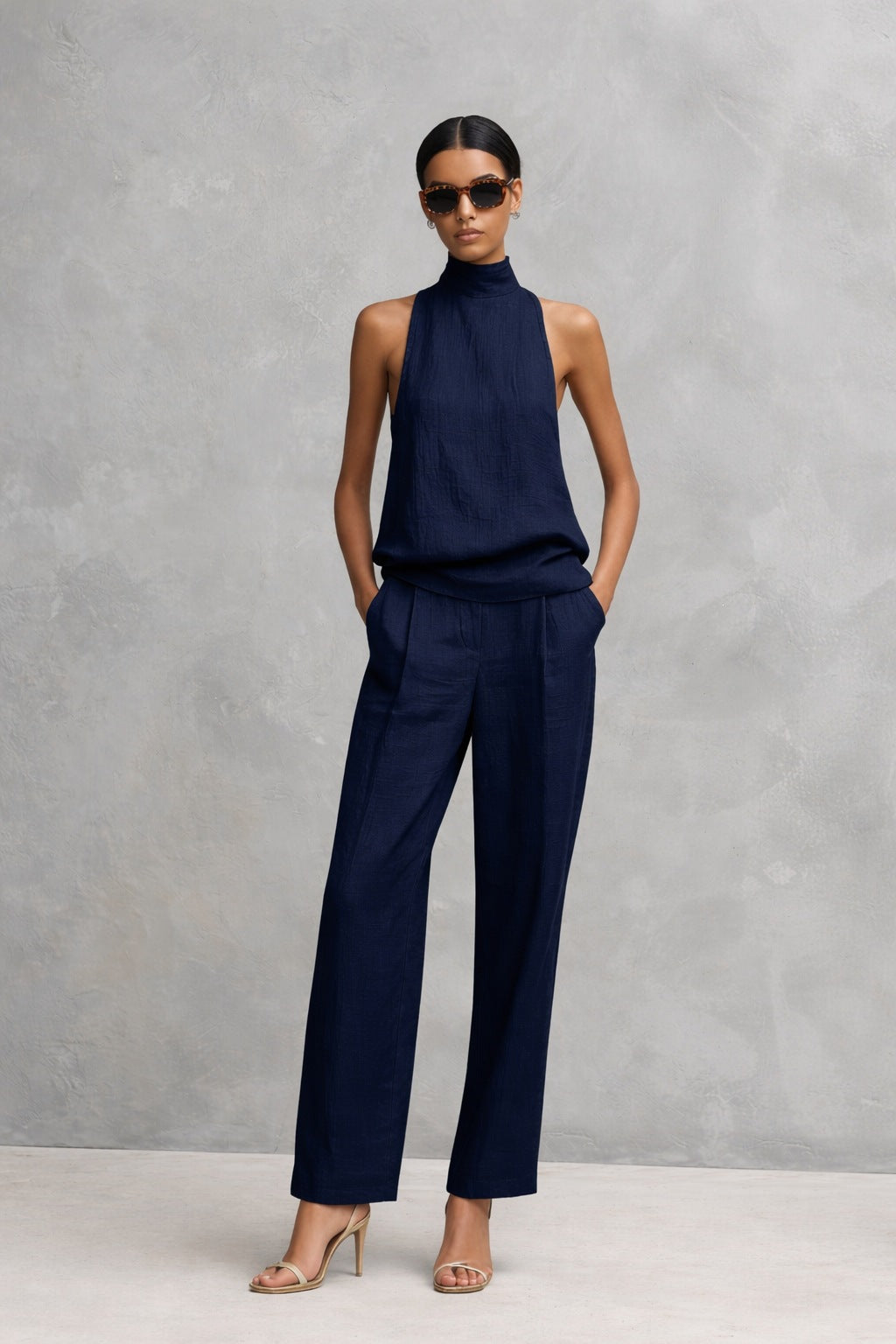 Conjunto Elegante de Dos Piezas sin Mangas con Escote Redondo y Pantalón