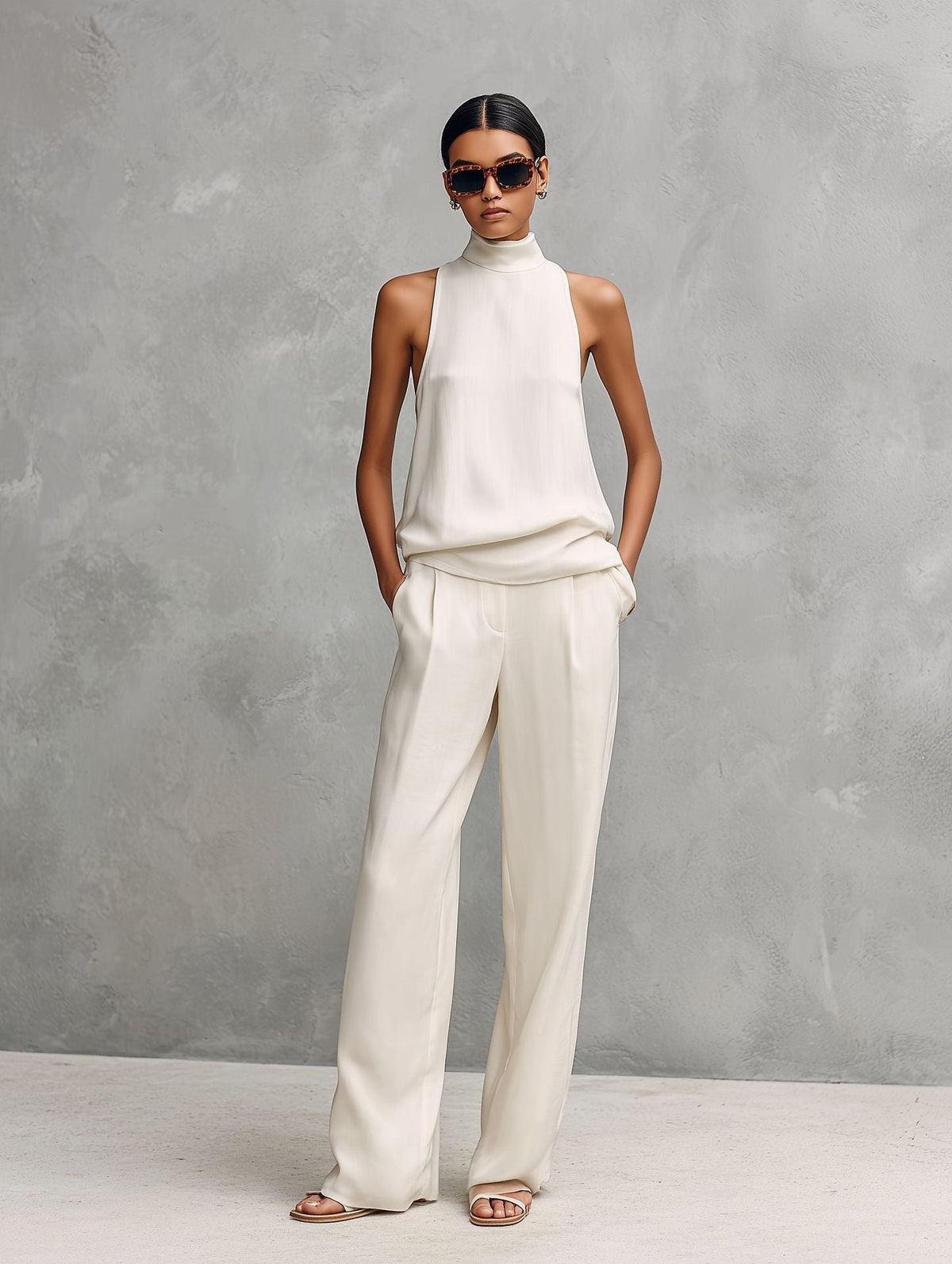 Conjunto Elegante de Dos Piezas sin Mangas con Escote Redondo y Pantalón