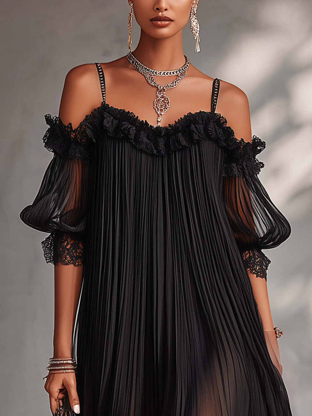Vittoria | Mini Vestido de Chiffón Negro Escote Descubierto con Detalles de Encaje
