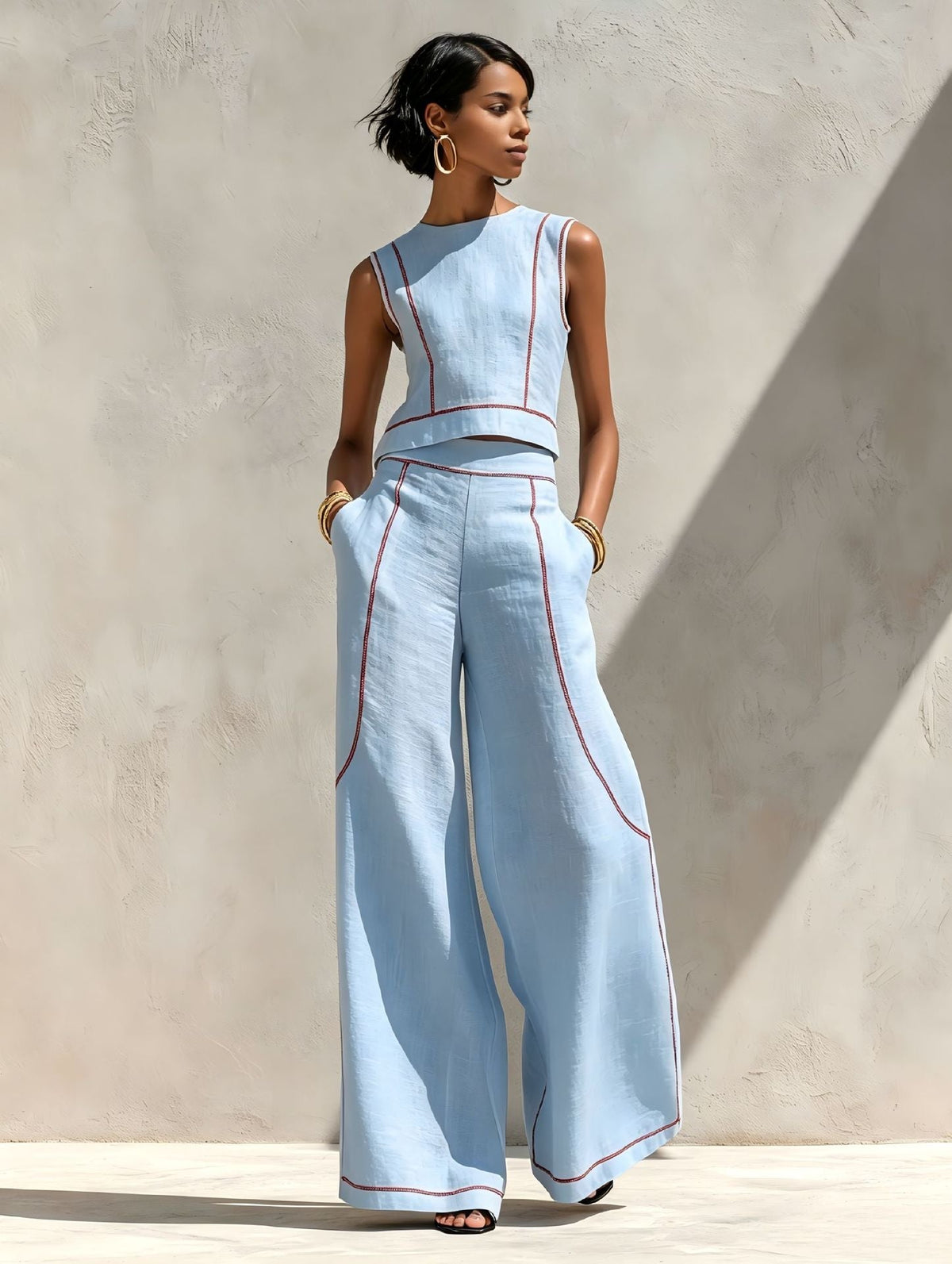 Vittoria | Conjunto de Dos Piezas Blanco con Top sin Mangas y Pantalón de Pierna Ancha