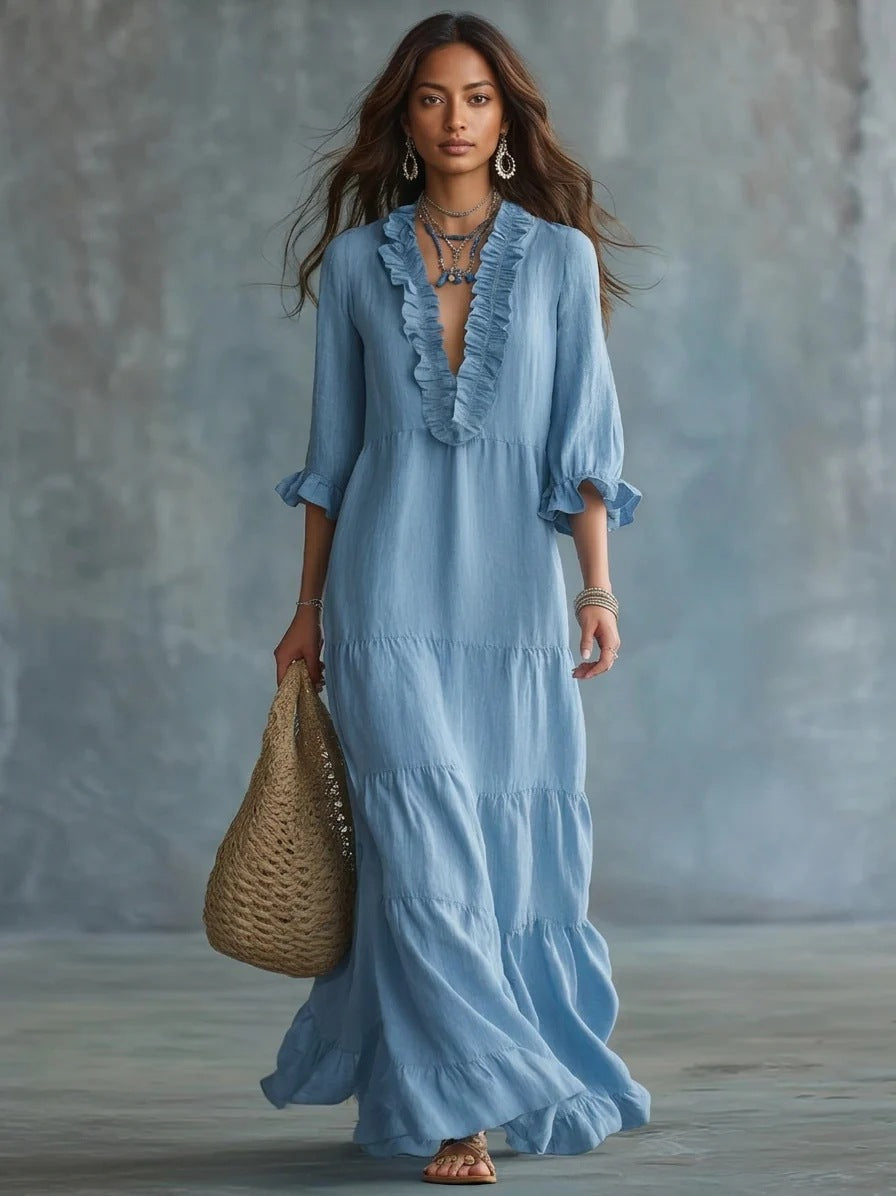 Anita | Vestido Maxi Boho Azul Cielo con Escote en V y Volantes