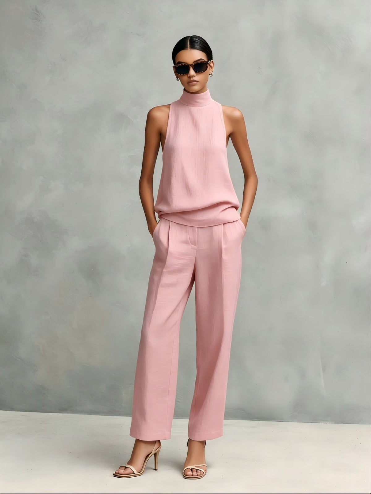 Conjunto Elegante de Dos Piezas sin Mangas con Escote Redondo y Pantalón
