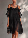 Vittoria | Mini Vestido de Chiffón Negro Escote Descubierto con Detalles de Encaje