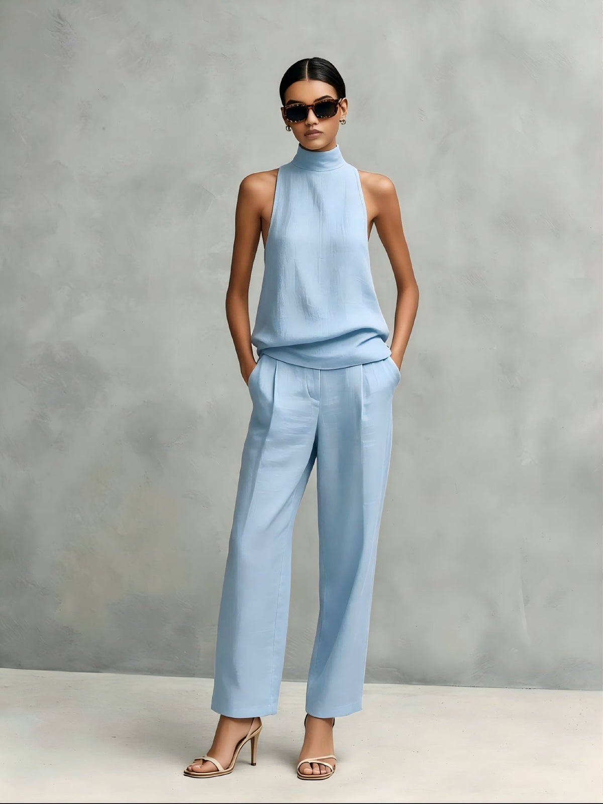 Conjunto Elegante de Dos Piezas sin Mangas con Escote Redondo y Pantalón