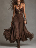 Vestido Maxi de Chiffón Café Oscuro con Detalles de Encaje