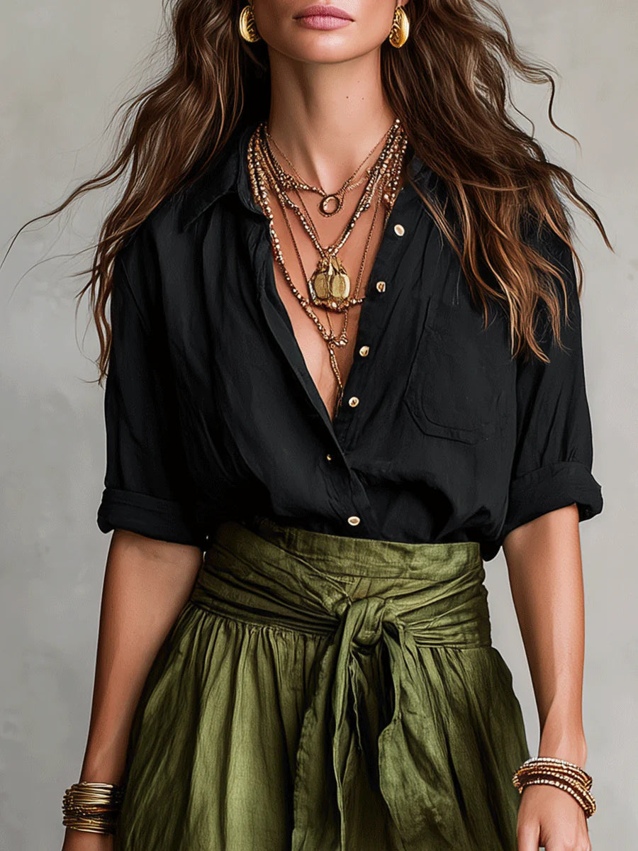 Vera | Conjunto de Camisa Negra y Falda Midi Verde Oliva