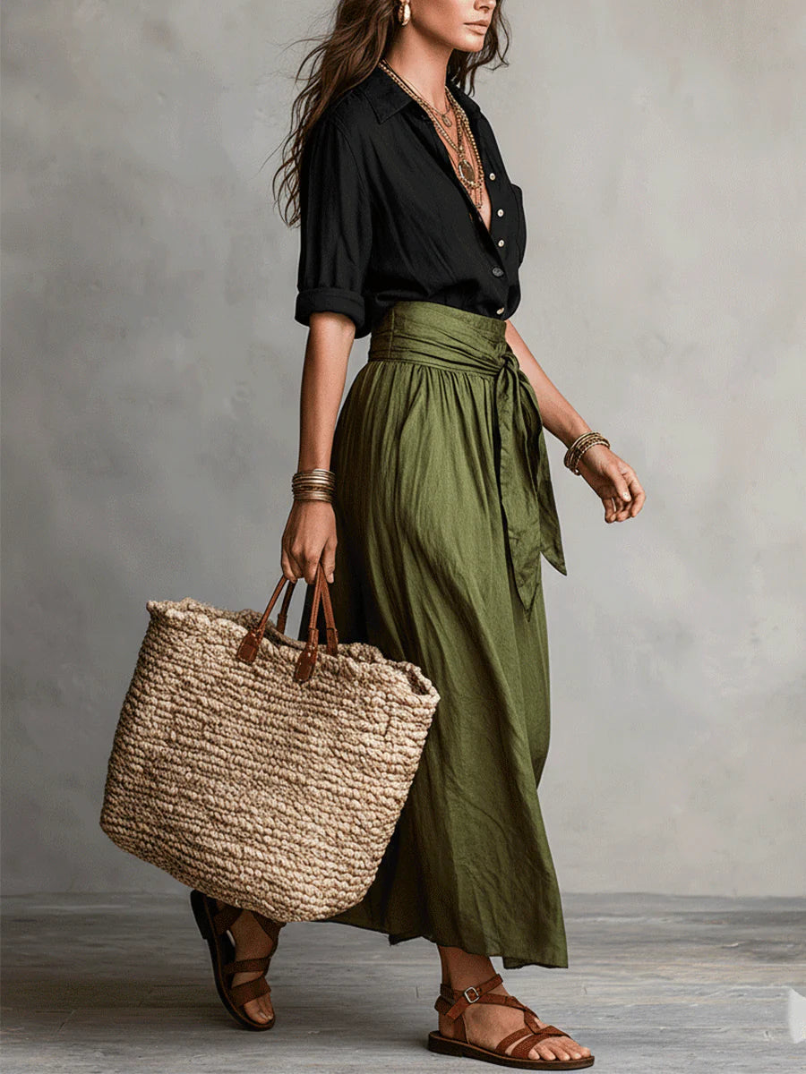 Vera | Conjunto de Camisa Negra y Falda Midi Verde Oliva