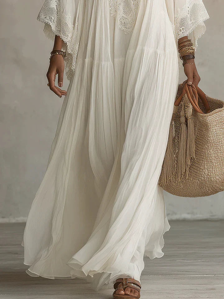 Serena | Vestido Largo de Chiffón Blanco con Escote en V, Mangas Murciélago y Encaje Blanco