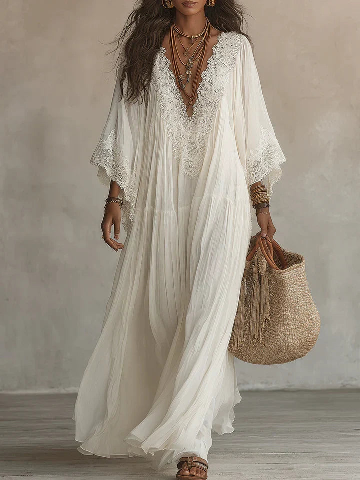 Serena | Vestido Largo de Chiffón Blanco con Escote en V, Mangas Murciélago y Encaje Blanco