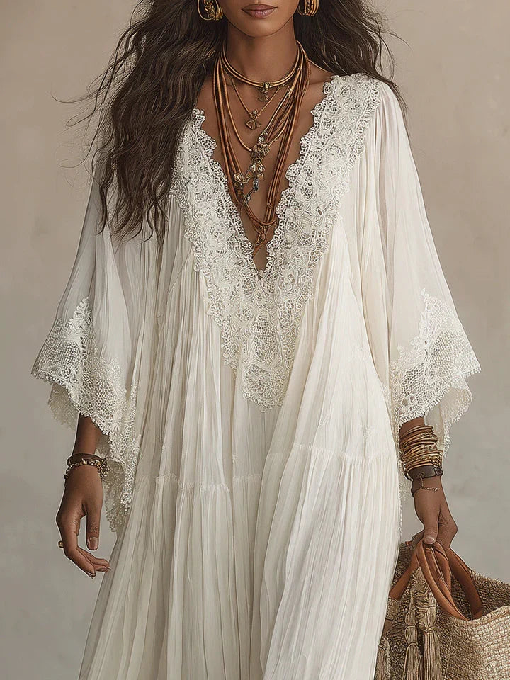 Serena | Vestido Largo de Chiffón Blanco con Escote en V, Mangas Murciélago y Encaje Blanco