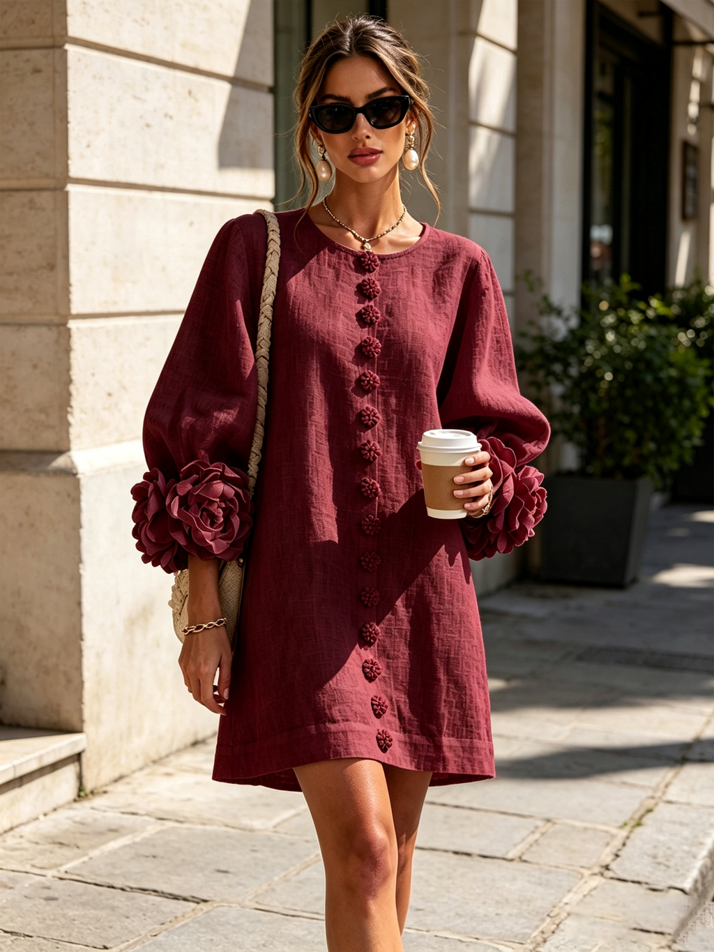 Vestido Mini con Botones Florales y Mangas con Flores Vistosas