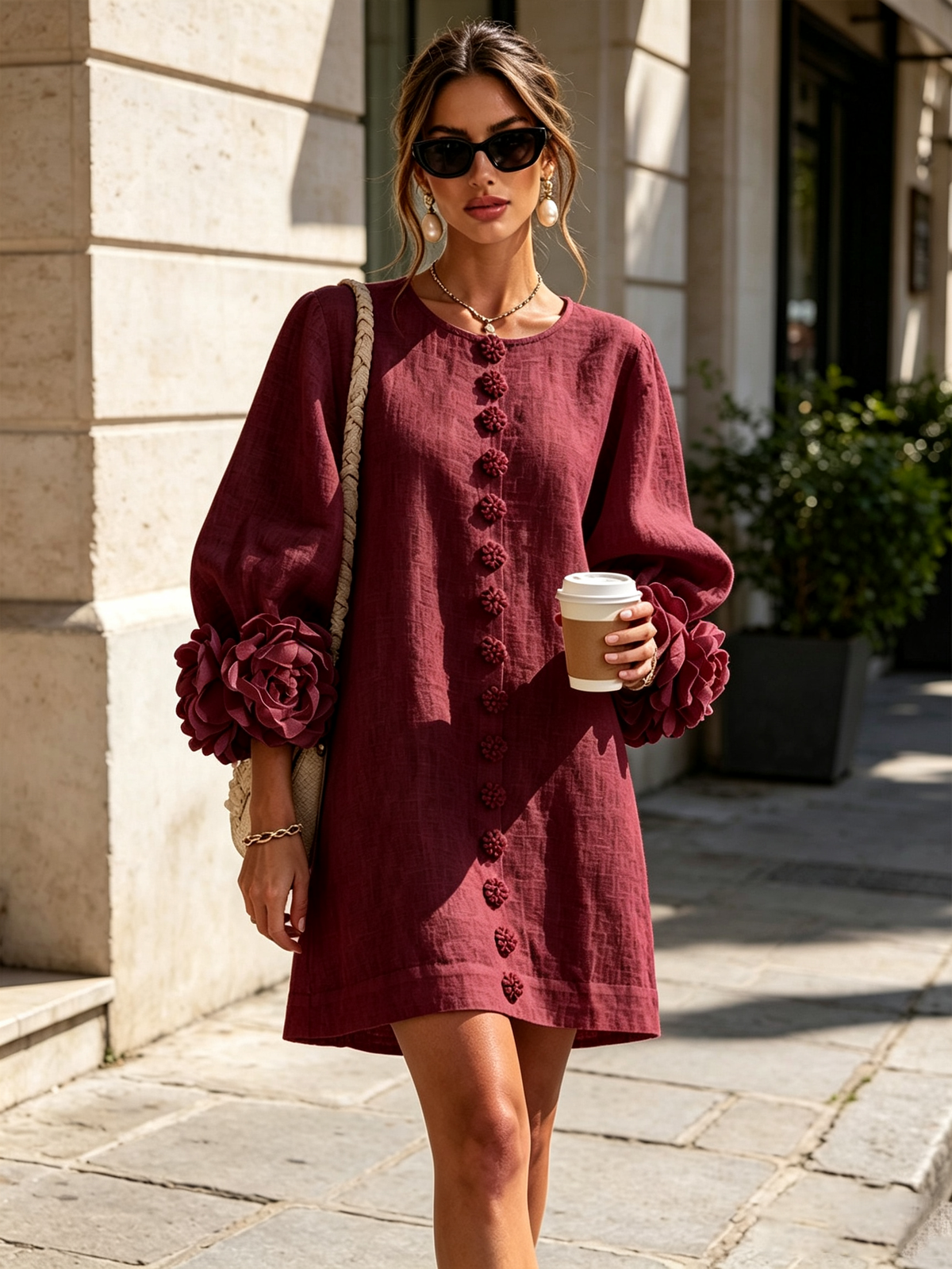 Vestido Mini con Botones Florales y Mangas con Flores Vistosas
