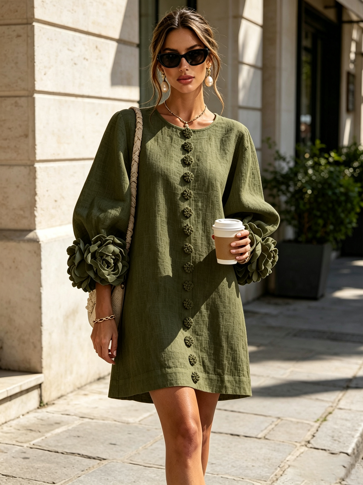 Vestido Mini con Botones Florales y Mangas con Flores Vistosas