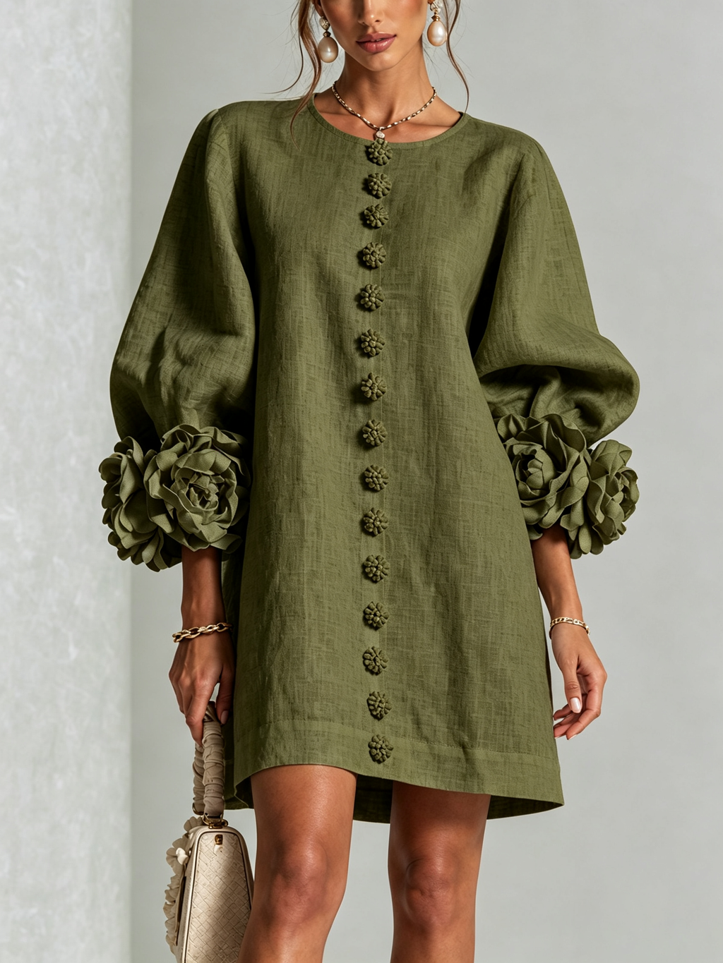 Vestido Mini Camisero Floral Verde Olivo con Puños Florales Vistosos