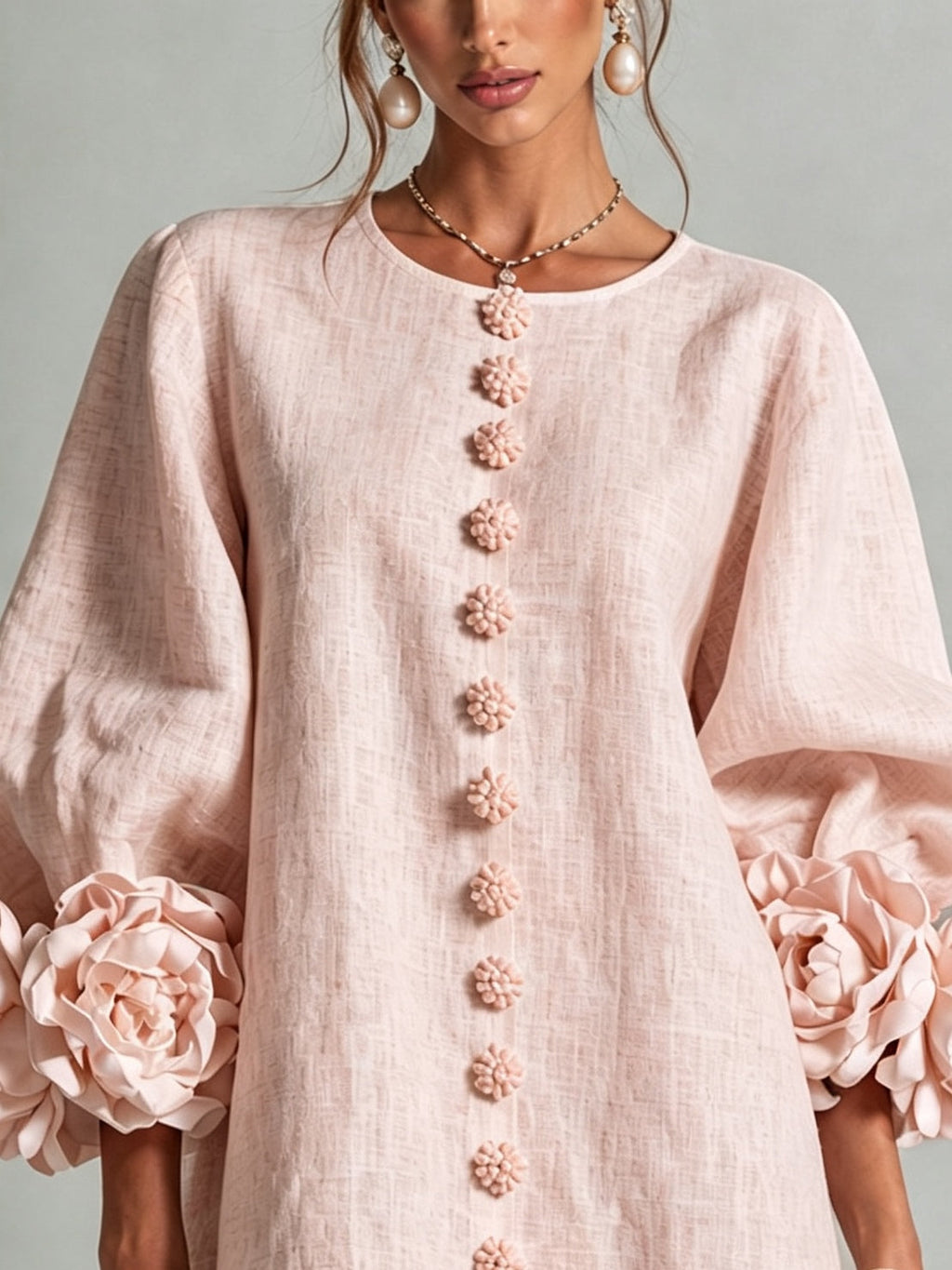 Vestido Mini Floral Rosa con Botones y Mangas Florales Vistosas