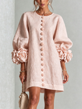 Vestido Mini Floral Rosa con Botones y Mangas Florales Vistosas