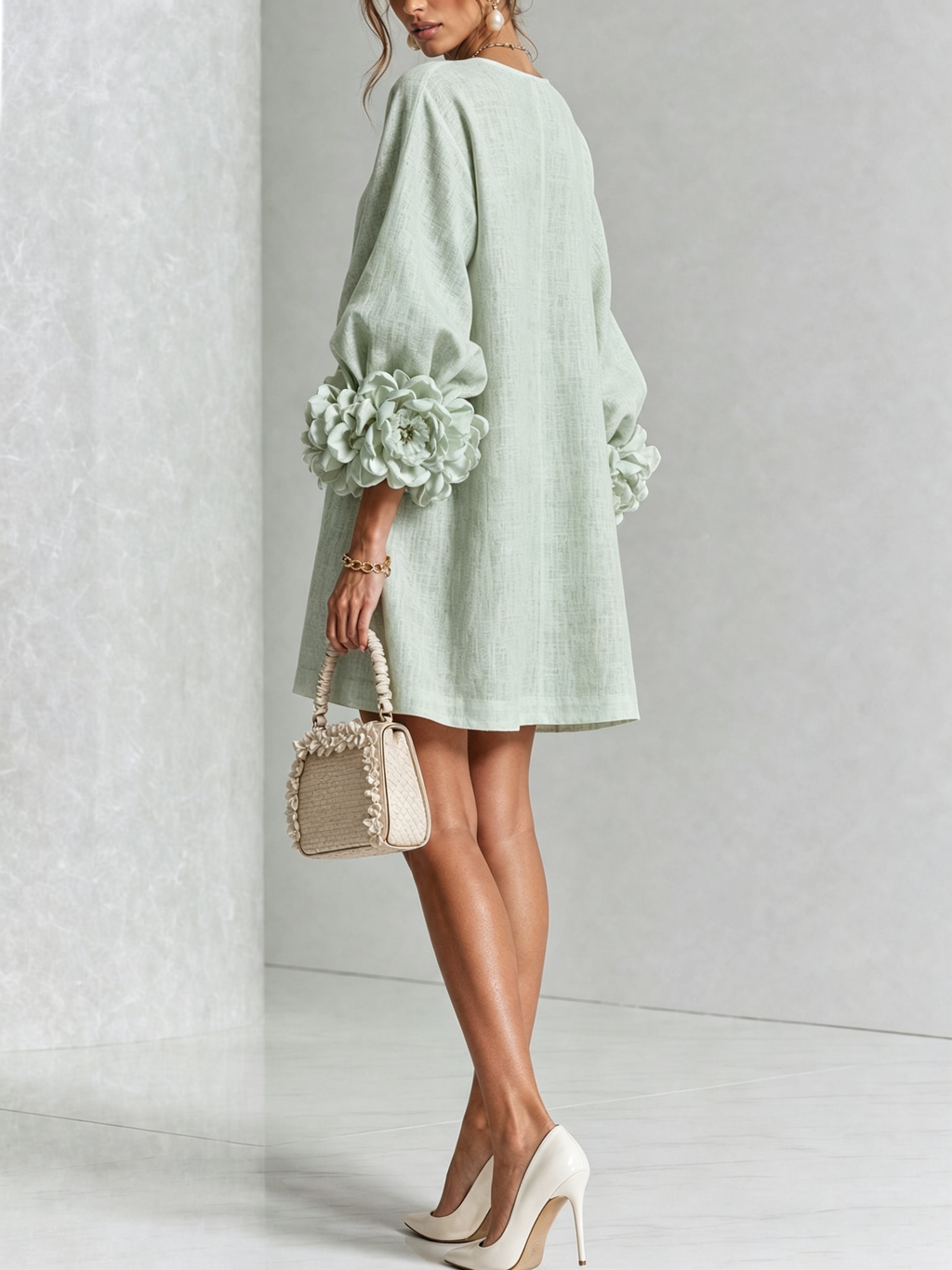 Vestido Mini con Botones Florales y Mangas con Flores Vistosas