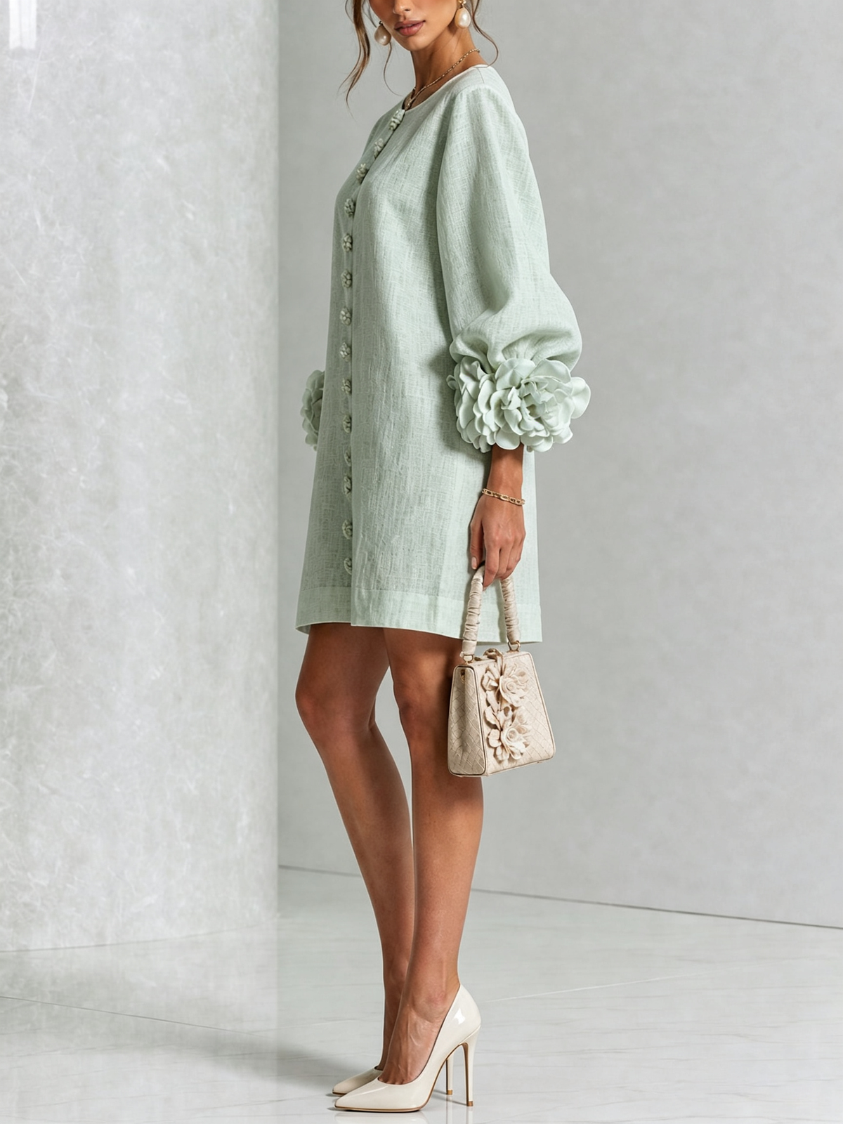 Vestido Mini con Botones Florales y Mangas con Flores Vistosas