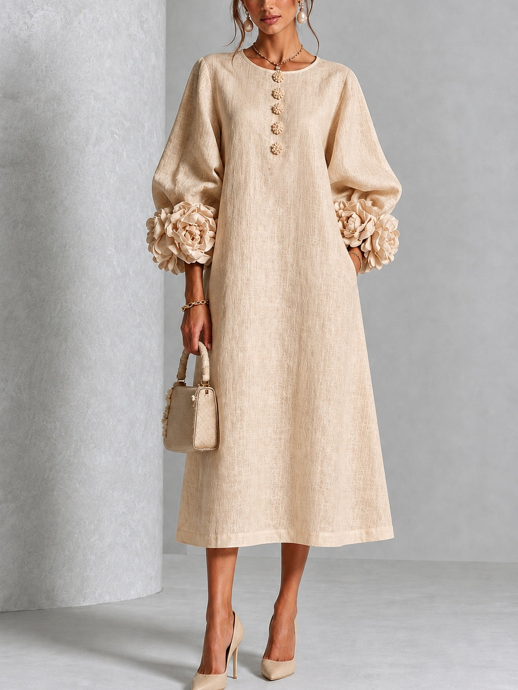 Amelia - Vestido Midi Beige Floral con Botones y Mangas Extravagantes