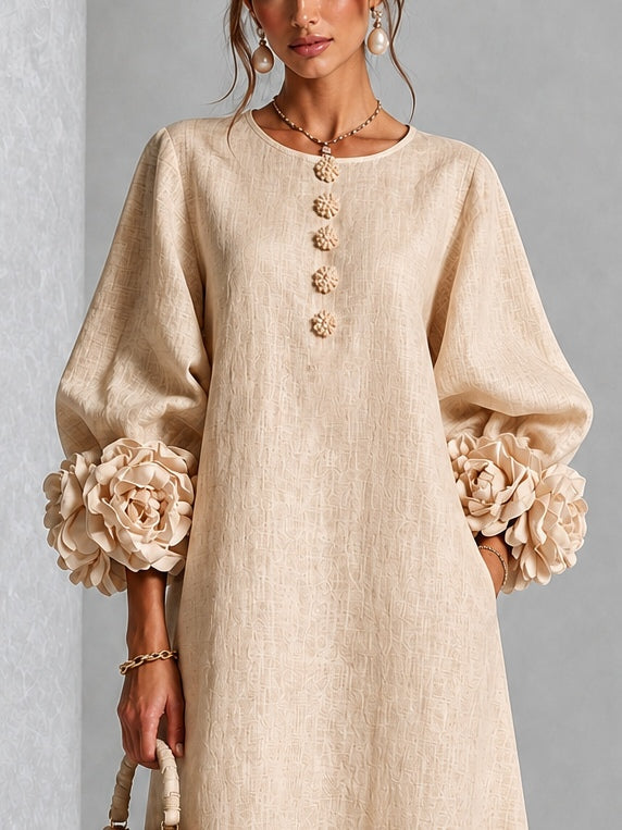 Amelia - Vestido Midi Beige Floral con Botones y Mangas Extravagantes