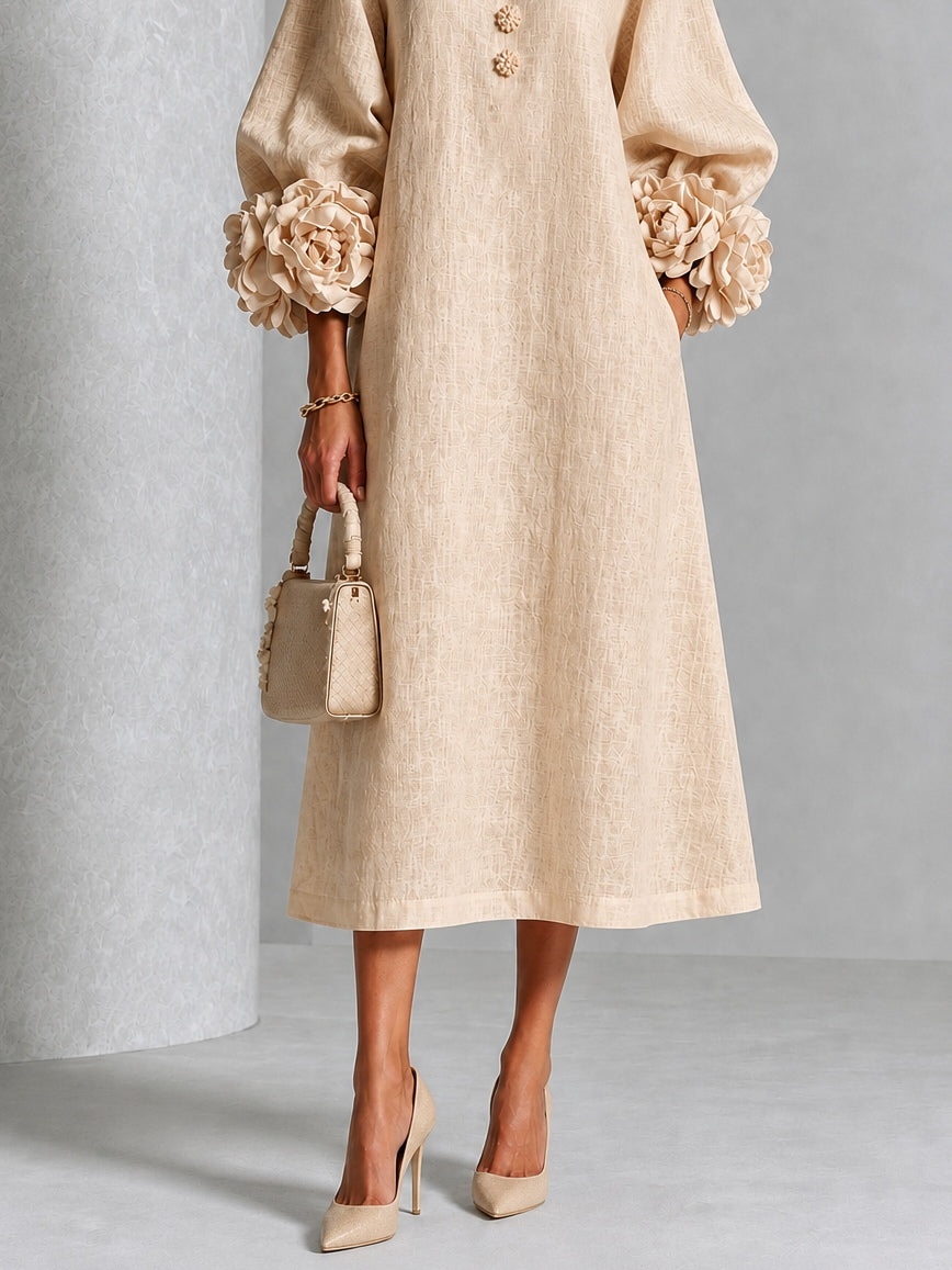 Amelia - Vestido Midi Beige Floral con Botones y Mangas Extravagantes
