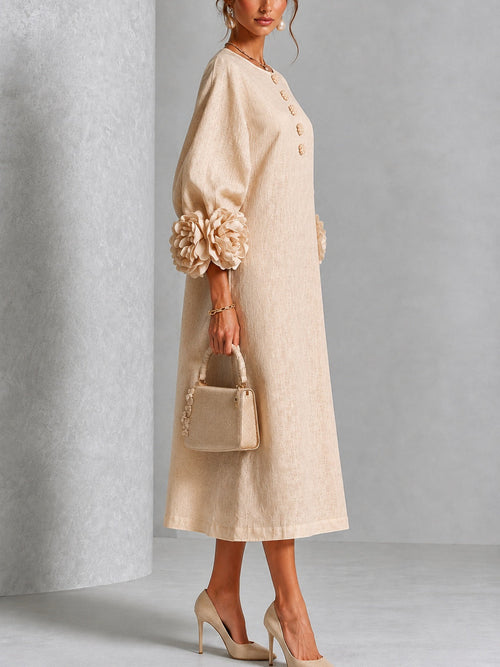 Amelia - Vestido Midi Beige Floral con Botones y Mangas Extravagantes