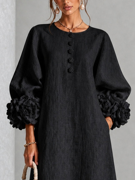 Perla - Vestido Midi Negro Floral con Botones y Mangas Extravagantes